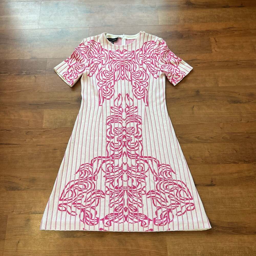 Ming Wang Jacquard Rib Knit A-Line Dress White Carmine Rose Floral Size S